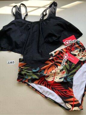 Pat Pat Tankini Bikini Set Medium Black Tropical  Tummy Control New